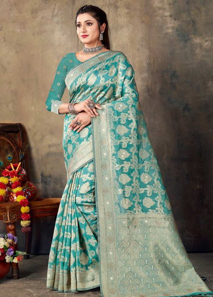 Sky Blue Organza Saree With Blouse Piece - Indian Silk House Agencies