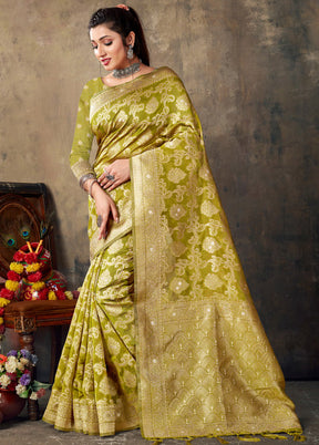 Olive Green Organza Saree With Blouse Piece - Indian Silk House Agencies