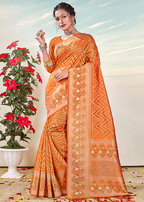 Orange Organza Saree With Blouse Piece - Indian Silk House Agencies