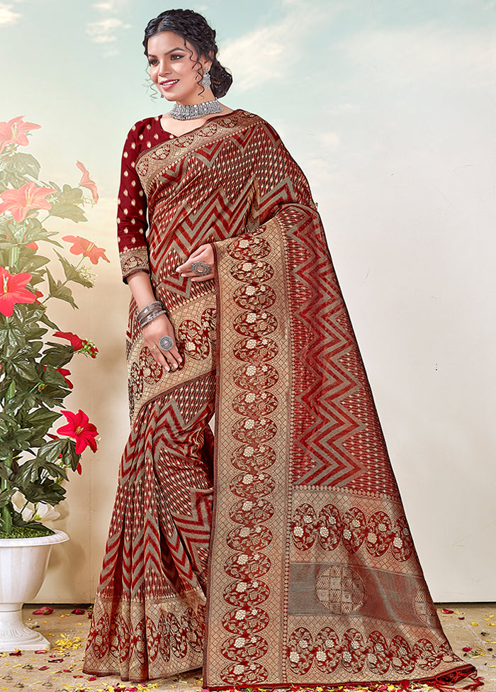 Maroon Organza Saree With Blouse Piece - Indian Silk House Agencies