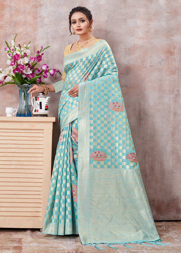 Sky Blue Kota Cotton Saree With Blouse Piece - Indian Silk House Agencies