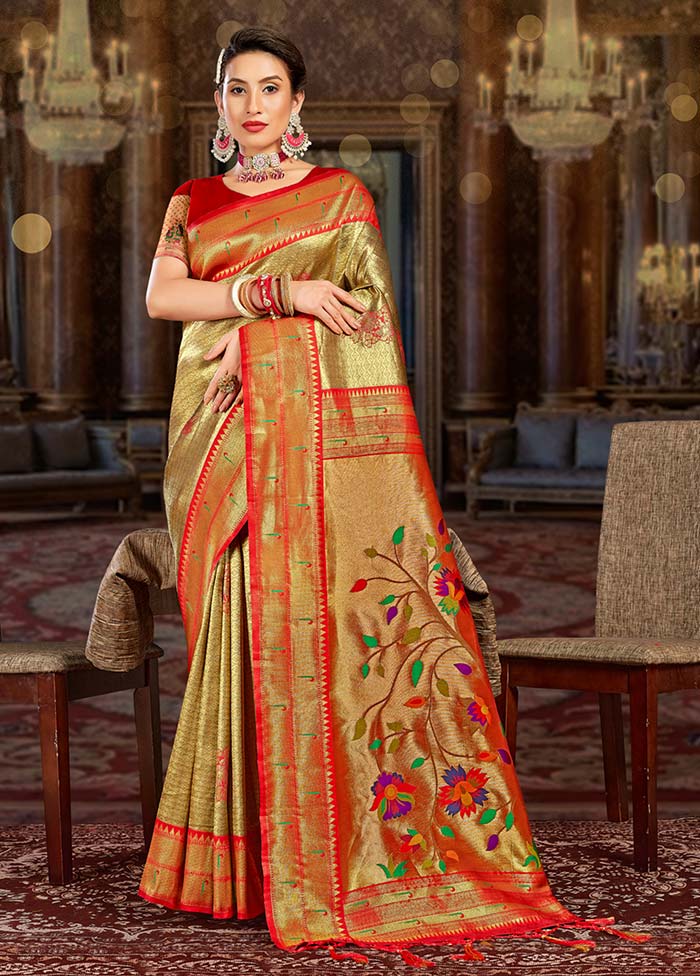 Golden Spun Silk Saree With Blouse Piece - Indian Silk House Agencies