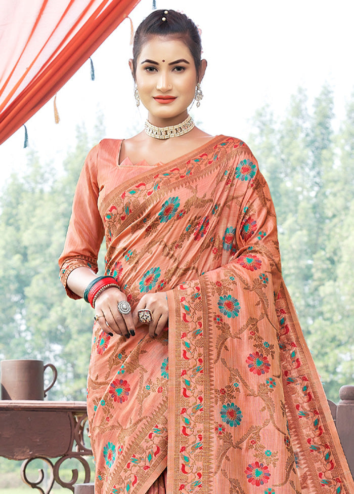 Peach Spun Silk Saree With Blouse Piece - Indian Silk House Agencies