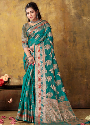 Teal Blue Organza Saree With Blouse Piece - Indian Silk House Agencies