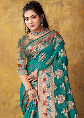 Teal Blue Organza Saree With Blouse Piece - Indian Silk House Agencies