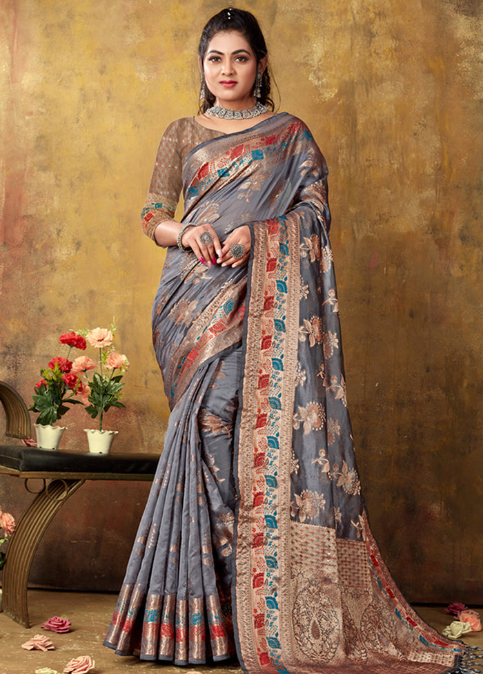 Grey Organza Saree With Blouse Piece - Indian Silk House Agencies