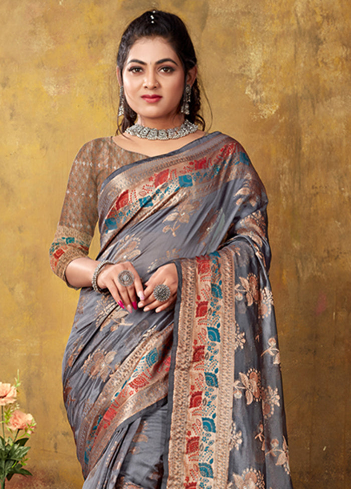 Grey Organza Saree With Blouse Piece - Indian Silk House Agencies