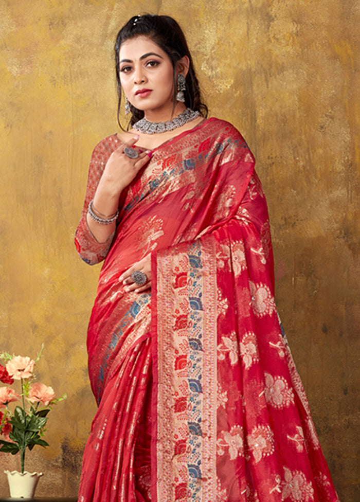 Red Organza Saree With Blouse Piece - Indian Silk House Agencies