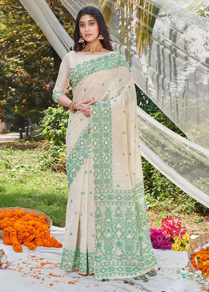 White Cotton Saree With Blouse Piece - Indian Silk House Agencies