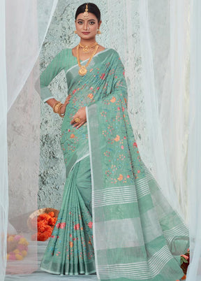 Sea Green Linen Silk Saree With Blouse Piece - Indian Silk House Agencies