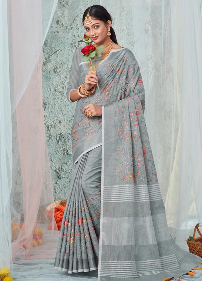 Grey Linen Silk Saree With Blouse Piece - Indian Silk House Agencies