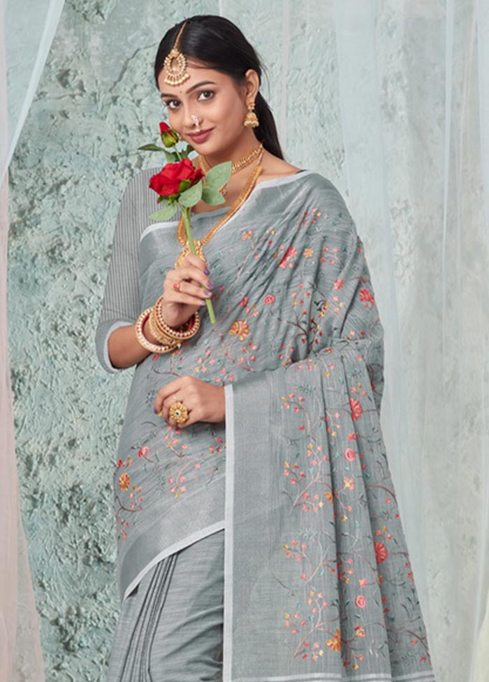 Grey Linen Silk Saree With Blouse Piece - Indian Silk House Agencies