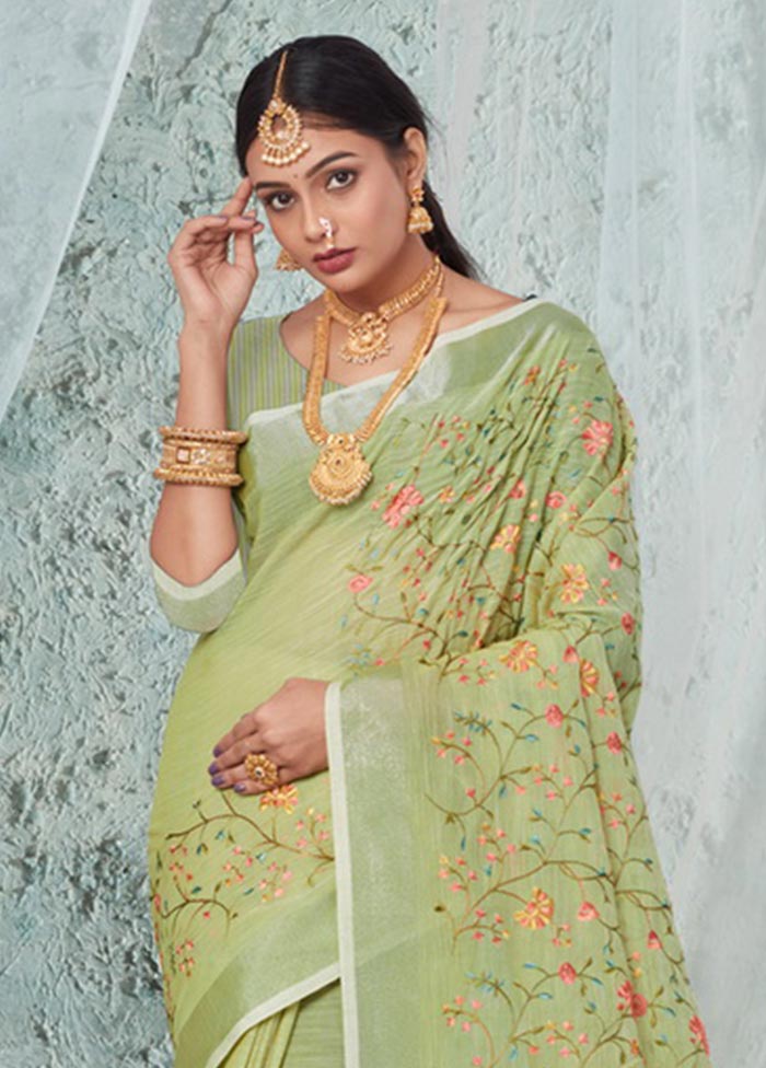 Green Linen Silk Saree With Blouse Piece - Indian Silk House Agencies