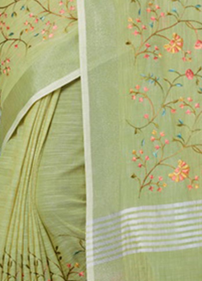 Green Linen Silk Saree With Blouse Piece - Indian Silk House Agencies