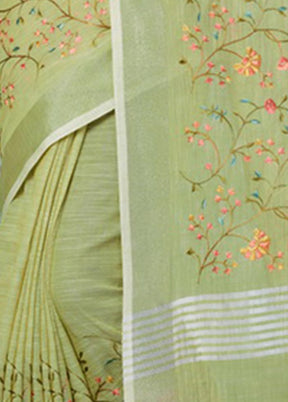 Green Linen Silk Saree With Blouse Piece - Indian Silk House Agencies