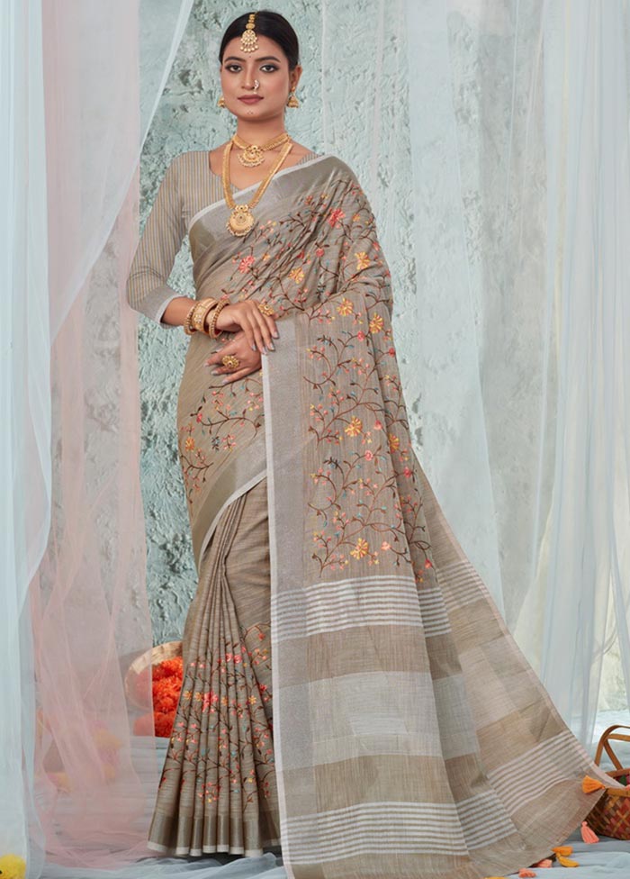 Brown Linen Silk Saree With Blouse Piece - Indian Silk House Agencies