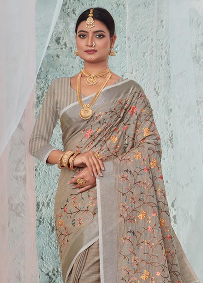 Brown Linen Silk Saree With Blouse Piece - Indian Silk House Agencies