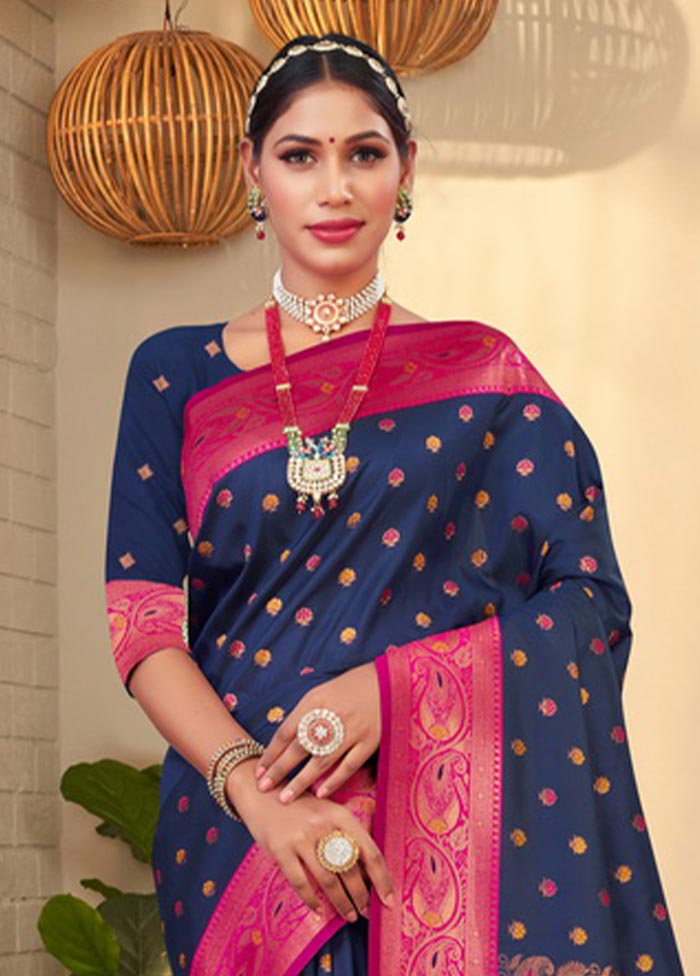 Navy Blue Spun Silk Saree With Blouse Piece - Indian Silk House Agencies