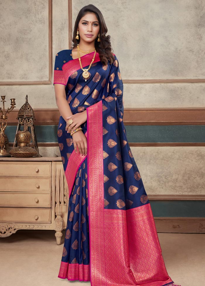 Navy Blue Spun Silk Saree With Blouse Piece - Indian Silk House Agencies