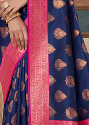 Navy Blue Spun Silk Saree With Blouse Piece - Indian Silk House Agencies