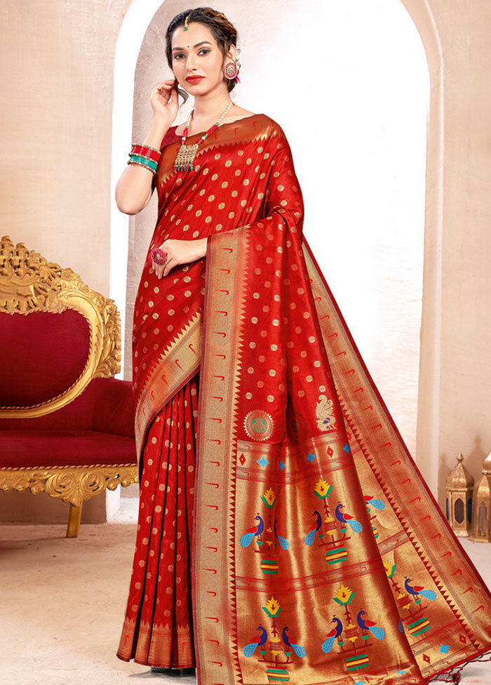 Red Spun Silk Saree With Blouse Piece - Indian Silk House Agencies