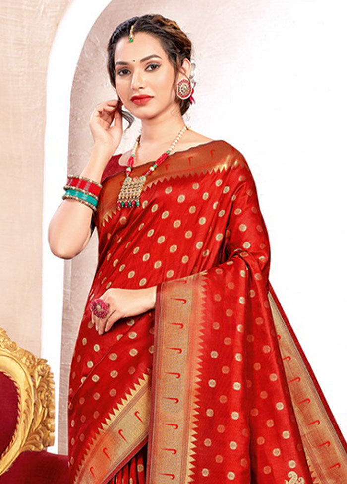 Red Spun Silk Saree With Blouse Piece - Indian Silk House Agencies