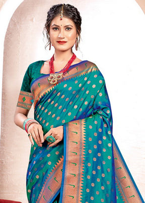 Turquoise Spun Silk Saree With Blouse Piece - Indian Silk House Agencies