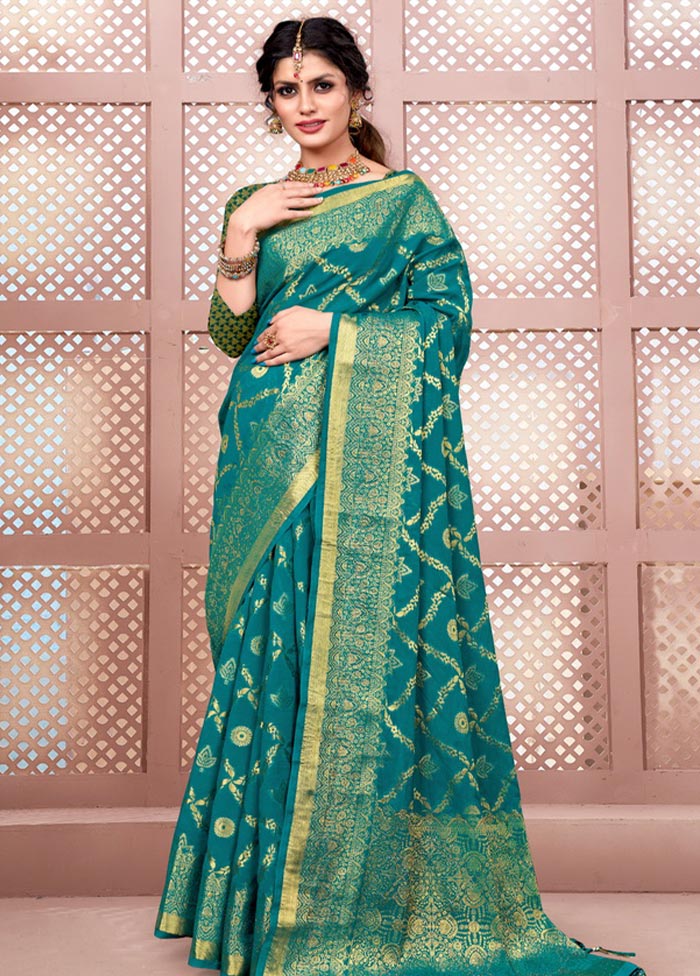 Turquoise Spun Silk Saree With Blouse Piece - Indian Silk House Agencies