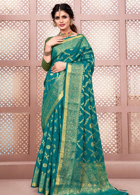 Turquoise Spun Silk Saree With Blouse Piece - Indian Silk House Agencies