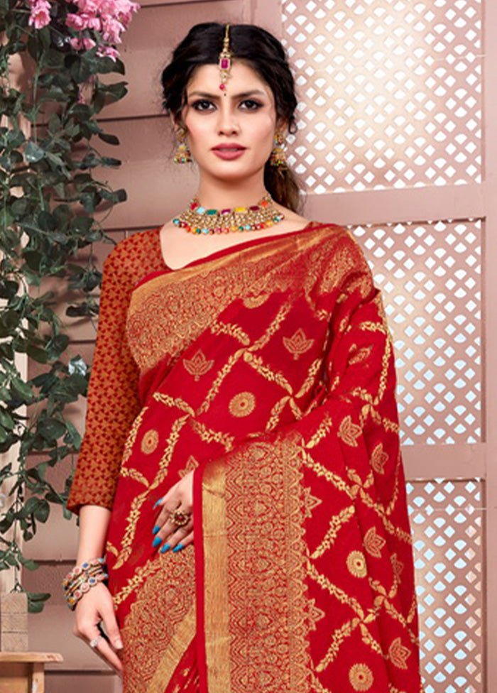 Red Spun Silk Saree With Blouse Piece - Indian Silk House Agencies