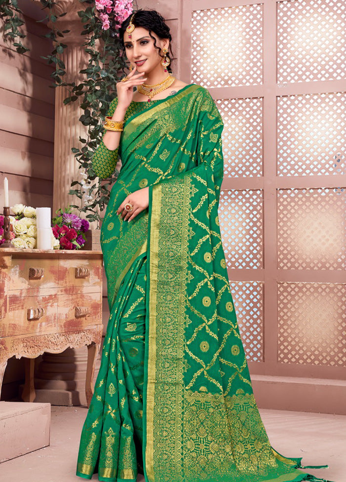 Green Spun Silk Saree With Blouse Piece - Indian Silk House Agencies