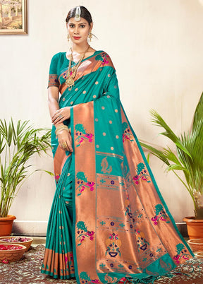 Sea Green Paithani Silk Saree With Blouse Piece - Indian Silk House Agencies