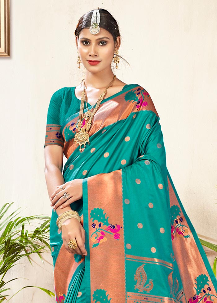 Sea Green Paithani Silk Saree With Blouse Piece - Indian Silk House Agencies