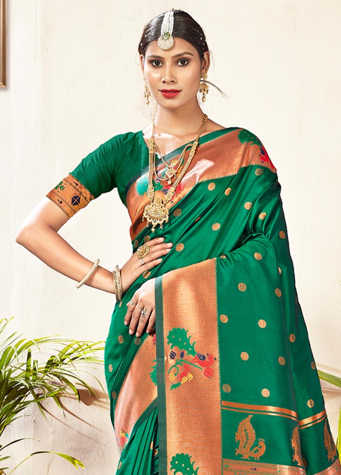 Green Paithani Silk Saree With Blouse Piece - Indian Silk House Agencies