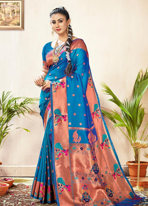 Sky Blue Paithani Silk Saree With Blouse Piece - Indian Silk House Agencies