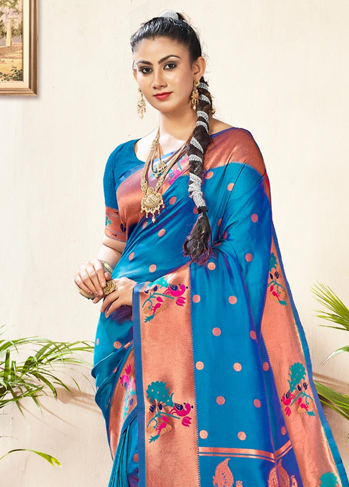 Sky Blue Paithani Silk Saree With Blouse Piece - Indian Silk House Agencies