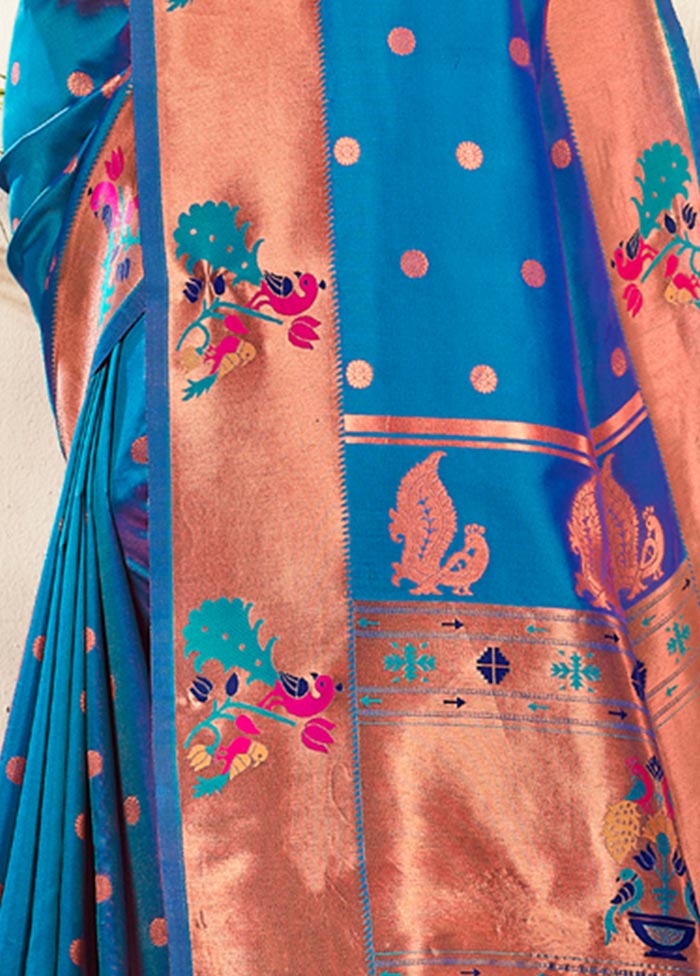 Sky Blue Paithani Silk Saree With Blouse Piece - Indian Silk House Agencies