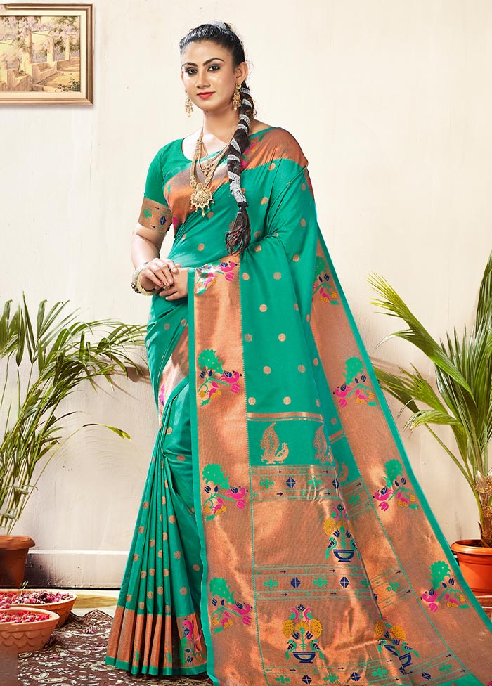 Rama Green Paithani Silk Saree With Blouse Piece - Indian Silk House Agencies