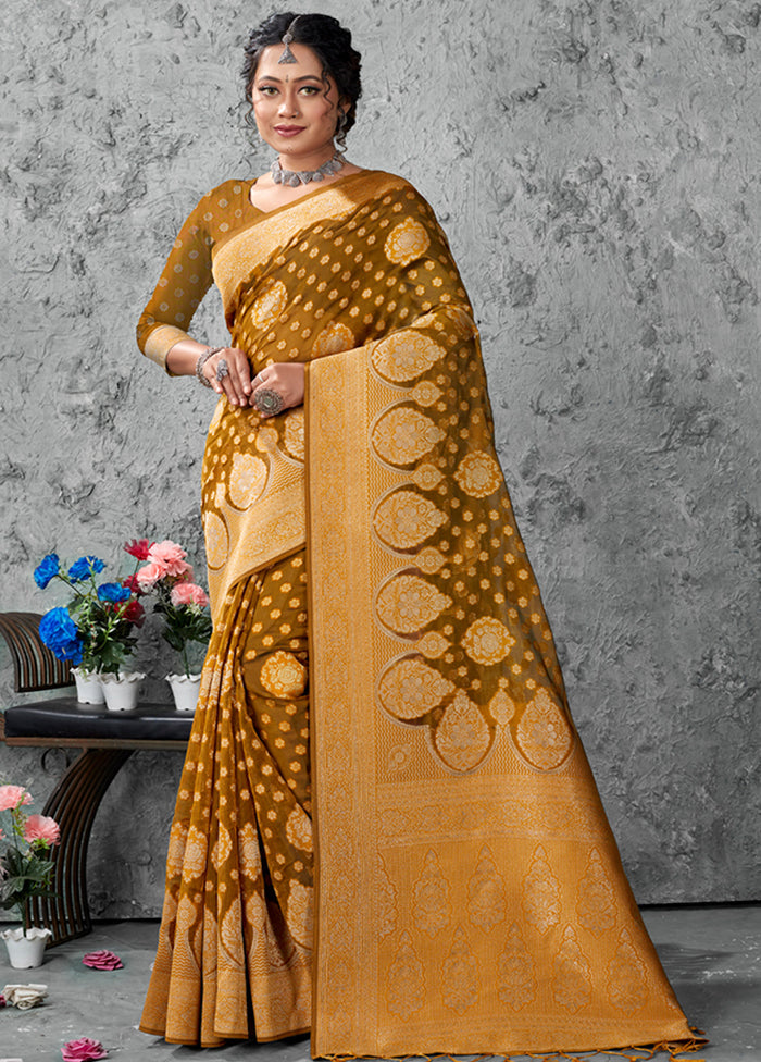 Brownish Green Organza Saree With Blouse Piece - Indian Silk House Agencies