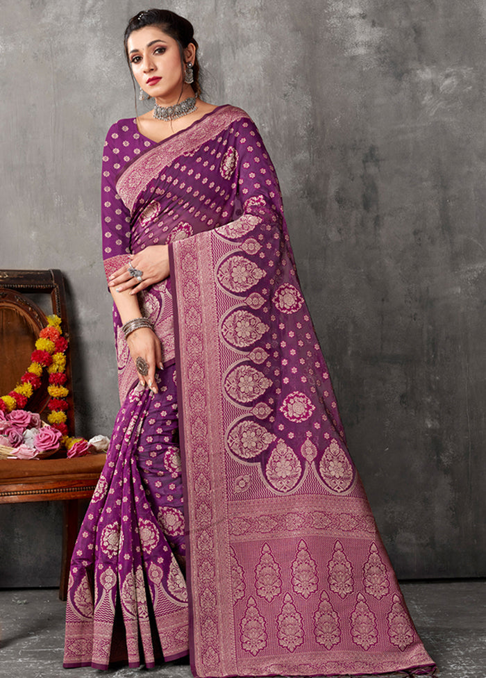 Purple Organza Saree With Blouse Piece - Indian Silk House Agencies