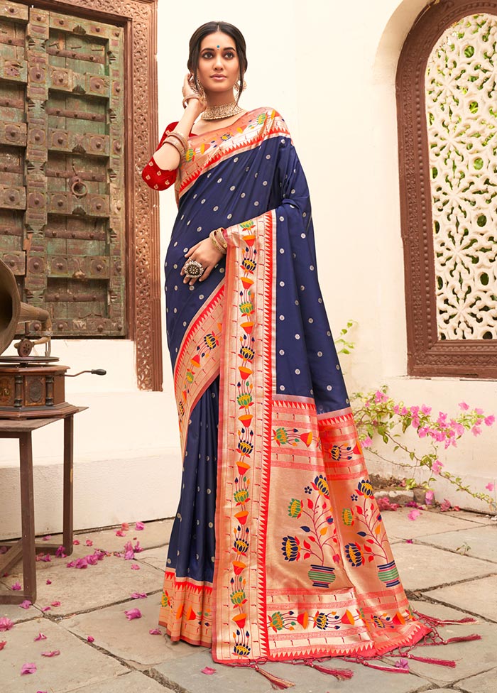 Navy Blue Spun Silk Saree With Blouse Piece - Indian Silk House Agencies