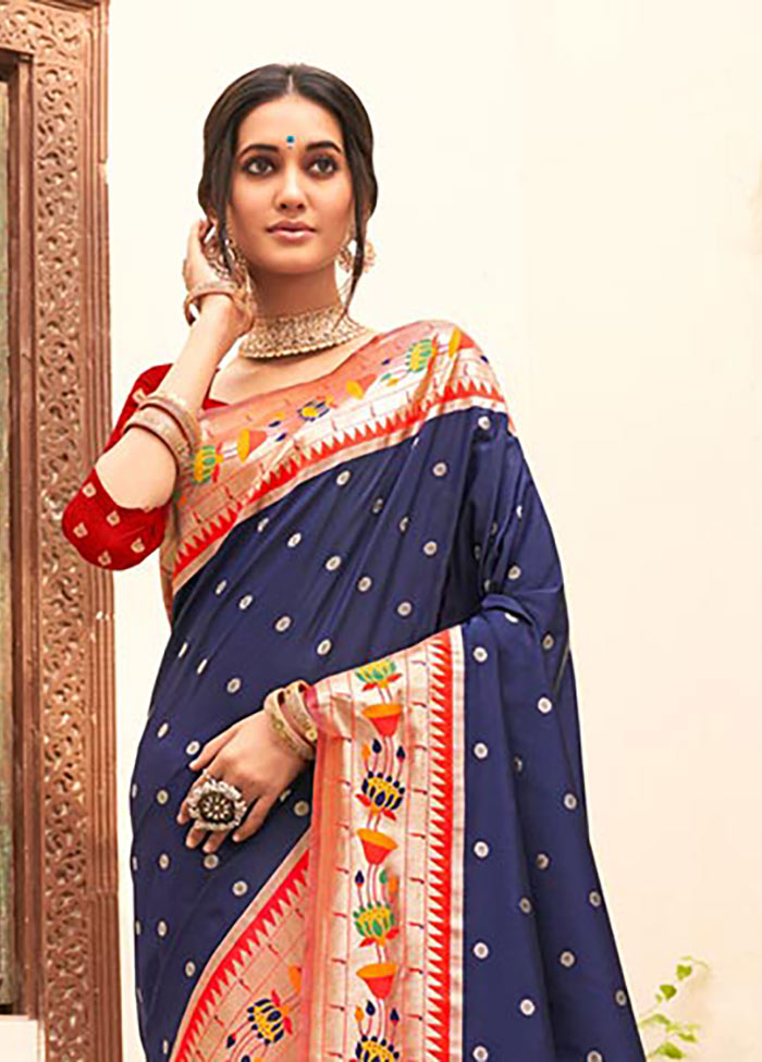 Navy Blue Spun Silk Saree With Blouse Piece - Indian Silk House Agencies