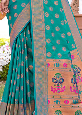 Sea Green Spun Silk Saree With Blouse Piece