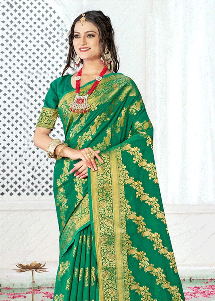 Green Spun Silk Saree With Blouse Piece - Indian Silk House Agencies