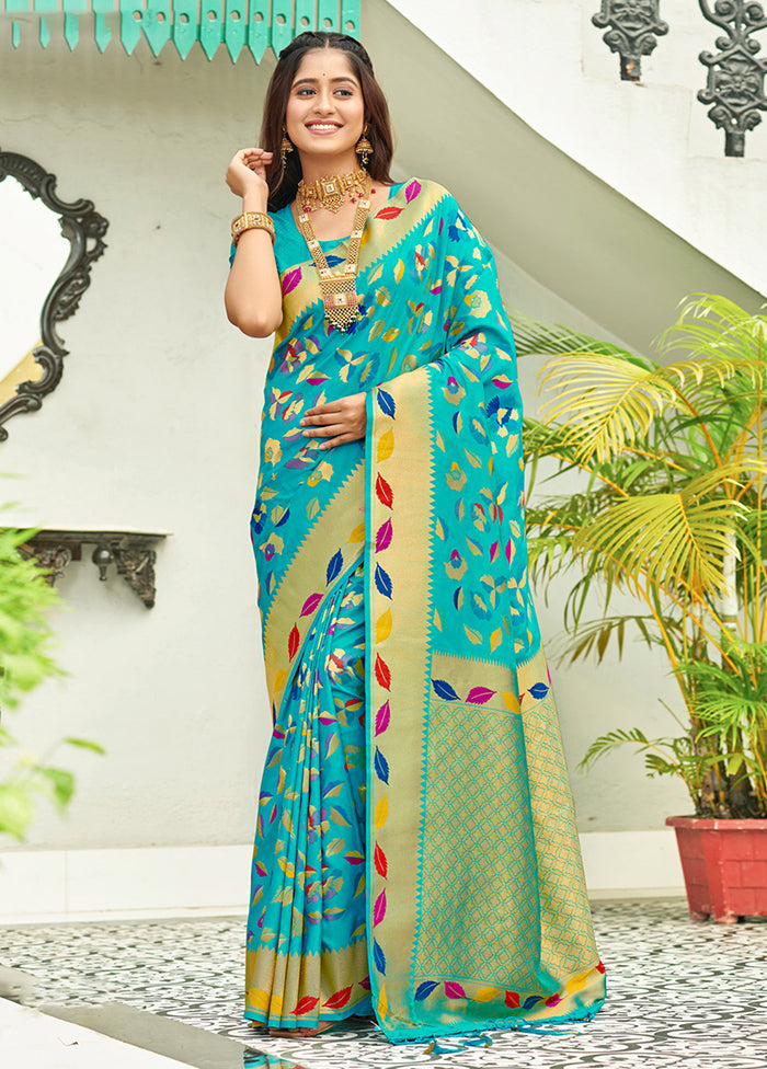 Turquoise Spun Silk Saree With Blouse Piece - Indian Silk House Agencies