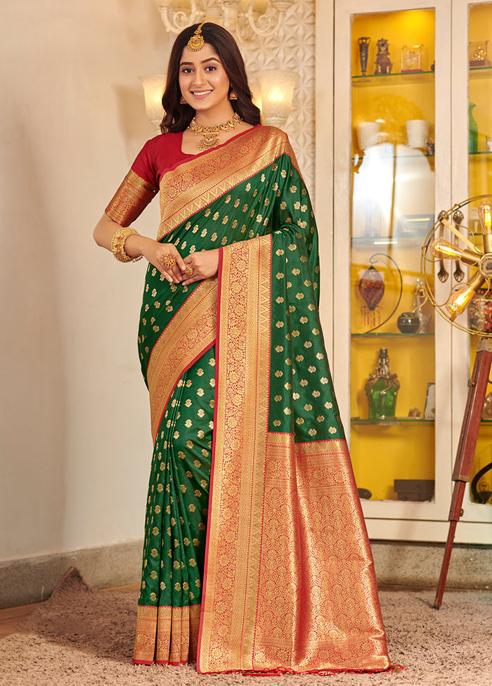 Green Spun Silk Saree With Blouse Piece - Indian Silk House Agencies