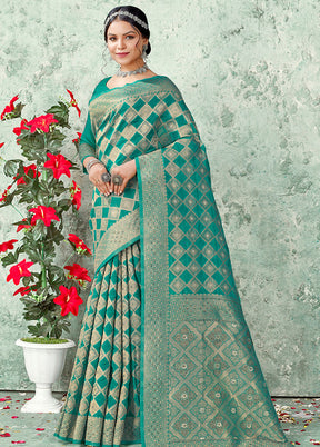 Sea Green Organza Saree With Blouse Piece - Indian Silk House Agencies