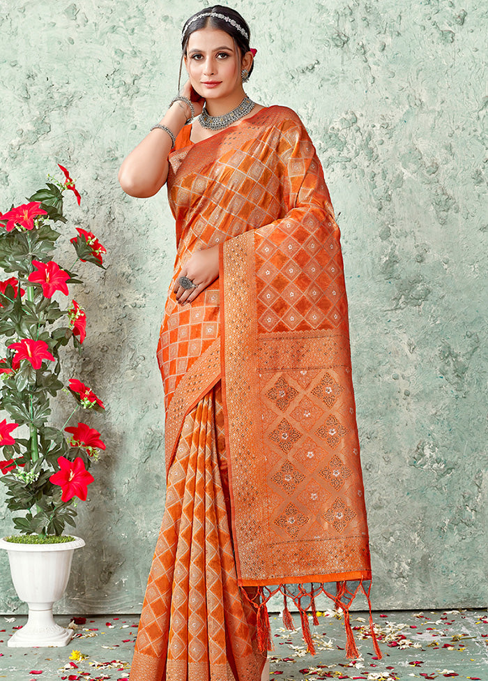 Orange Organza Saree With Blouse Piece - Indian Silk House Agencies