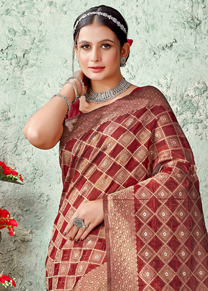 Maroon Organza Saree With Blouse Piece - Indian Silk House Agencies