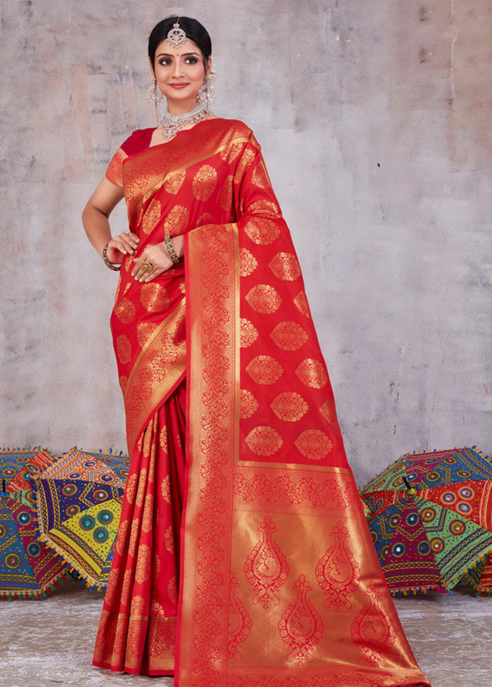 Red Spun Silk Saree With Blouse Piece - Indian Silk House Agencies